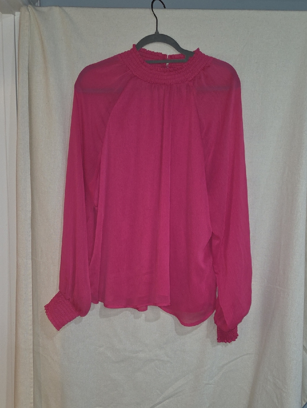 New York & Company Fuchsia Smocked-Neck Sheer Long Sleeve Blouse